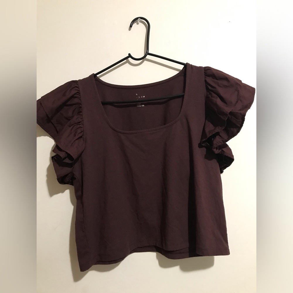 Crop Top blouse slim fit brown short sleeve size L
